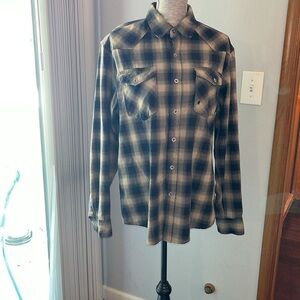 Wrangler Men's Shirt Large Western Wear Metal Buttons Yolked Plaid Blue Brown